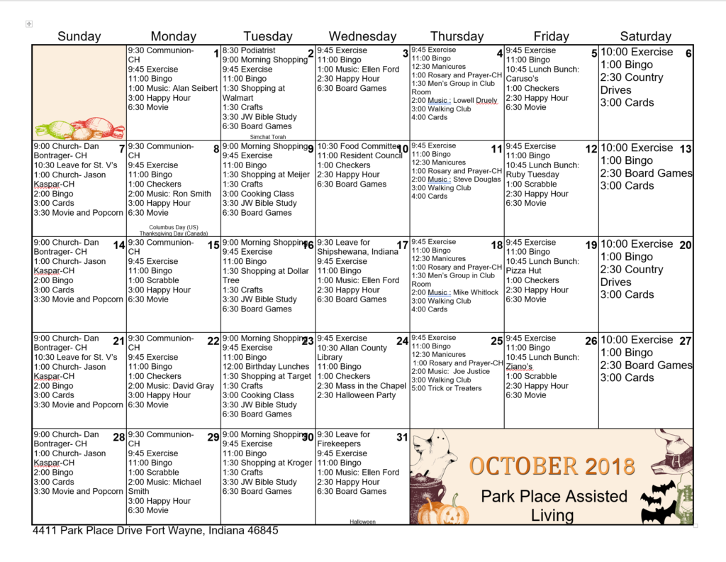 October Assisted Living Calendar 2018 | Lebanon Traditions