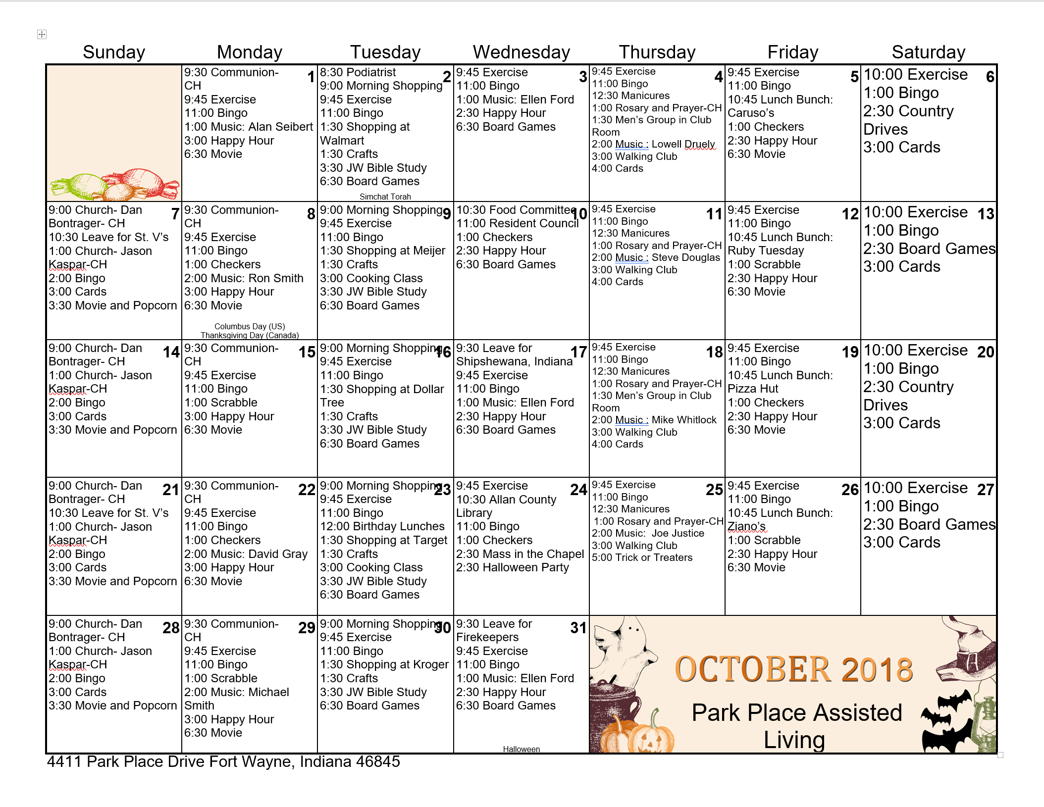 October Assisted Living Calendar 2018 Lebanon Traditions