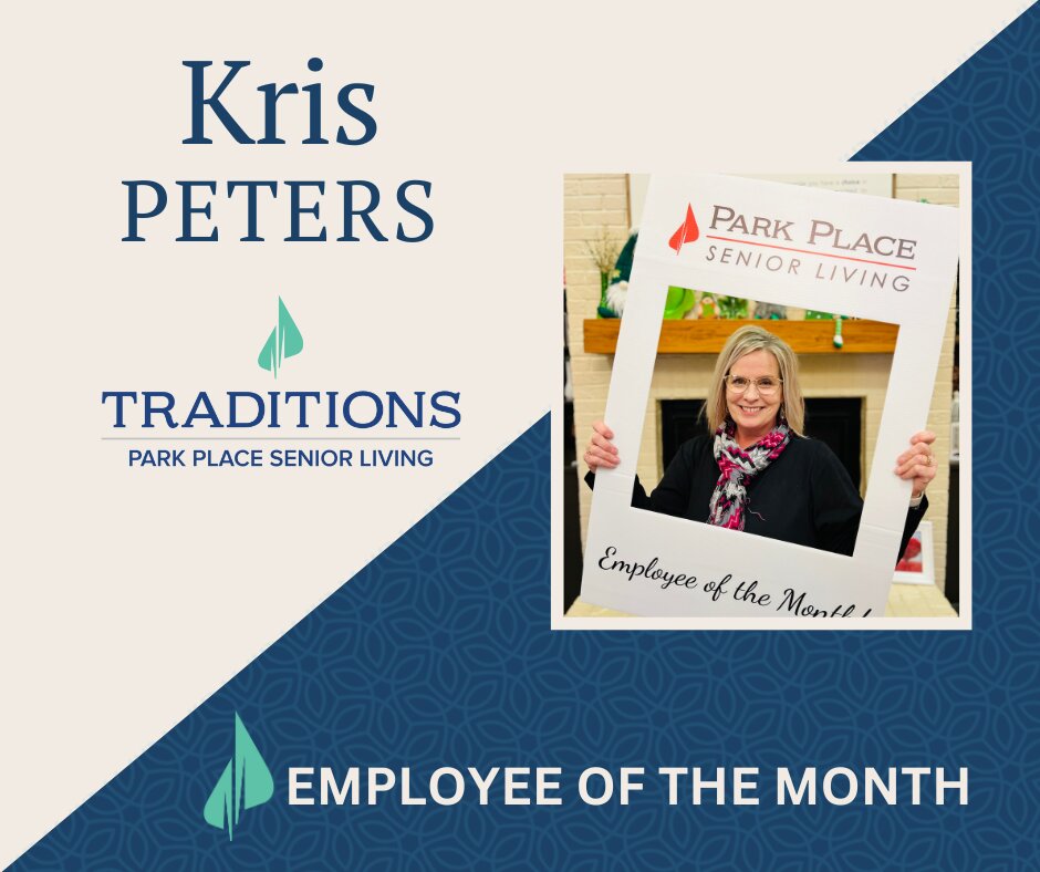 Photo of a woman holding a white photo cut out that says "Park Place Senior Living Employee of the Month" in a Traditions Management graphic template for Employee of the Month spotlights